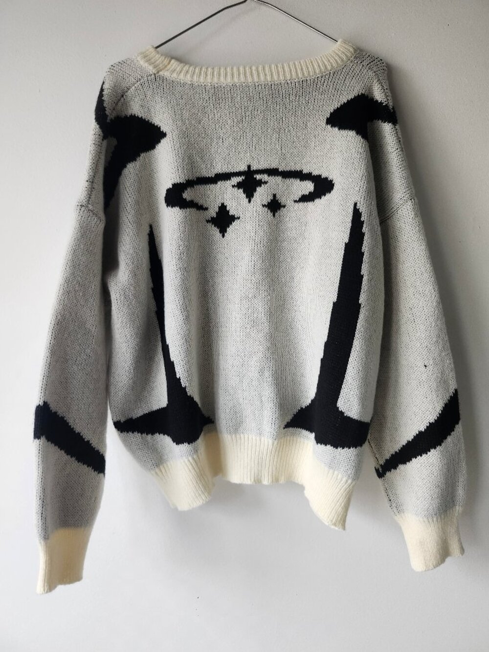 Unisex Black + Cream White Funky 80s Style Sweater with Stars + Galaxy Swoosh